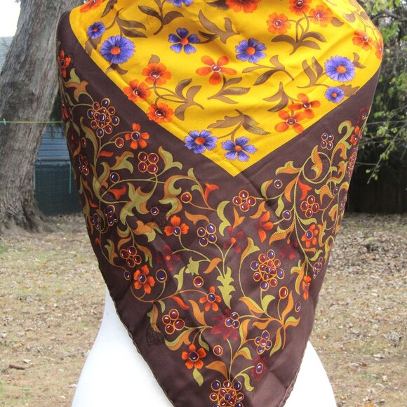 YSL Silk Scarf Boho Floral Brown Yves Saint Laurent 34" x 34" Square Vintage